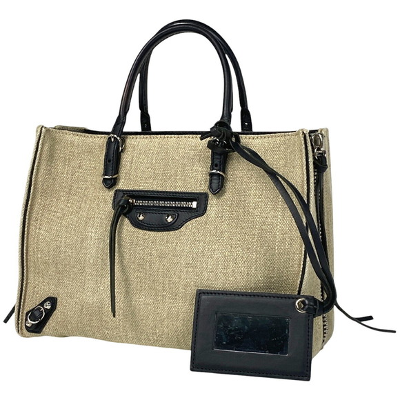 BALENCIAGA Zip Handbag Tote Shoulder Bag Canvas Beige Black - Picture 1 of 6
